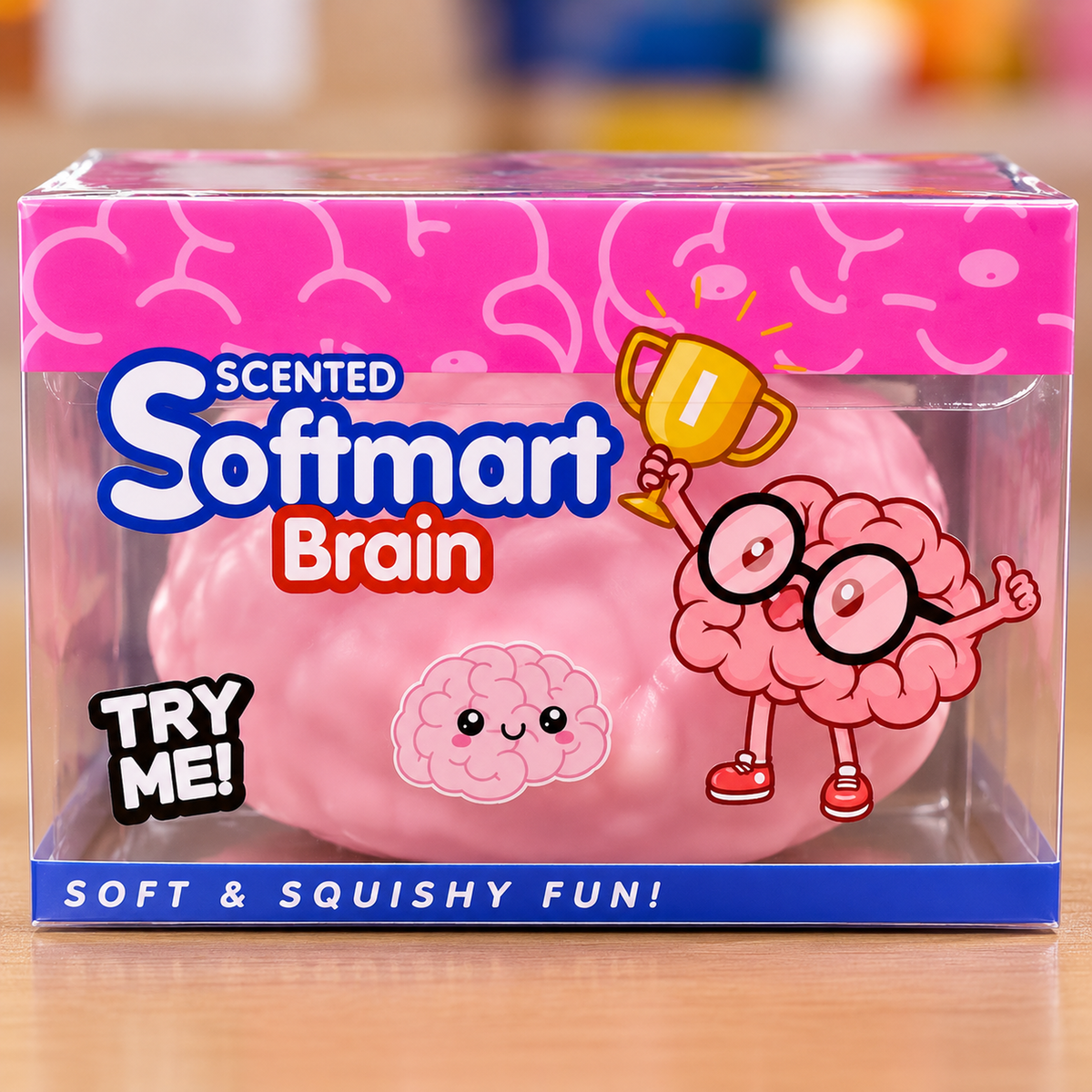 AI-stylized photo of packaged Softmart Brain scented squishy based on actual product