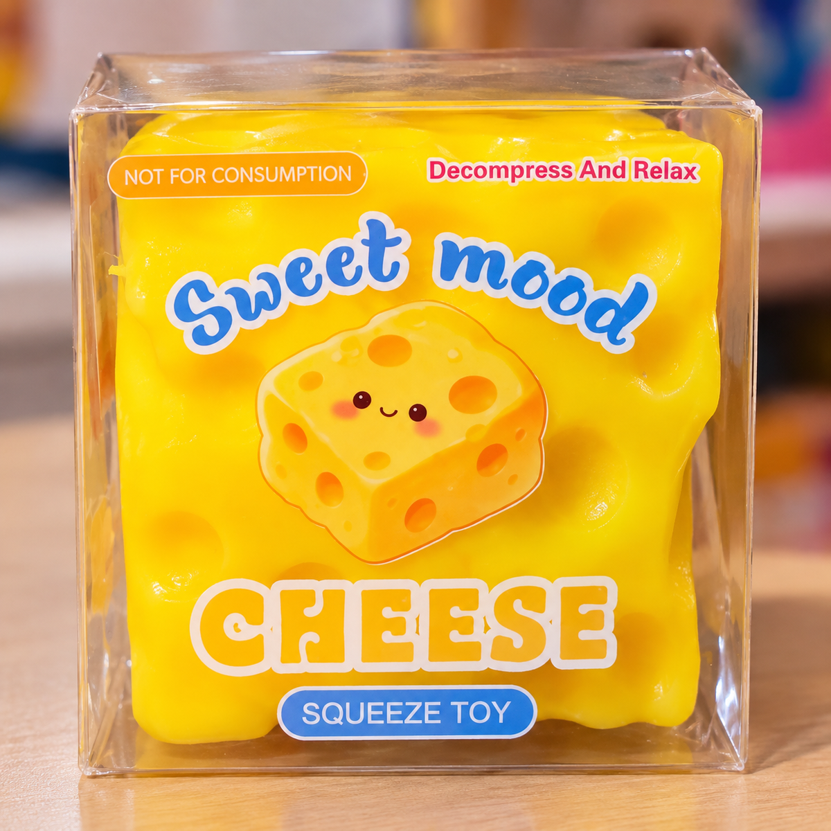 AI-stylized photo of packaged yellow Crunchy Cheese Squishy