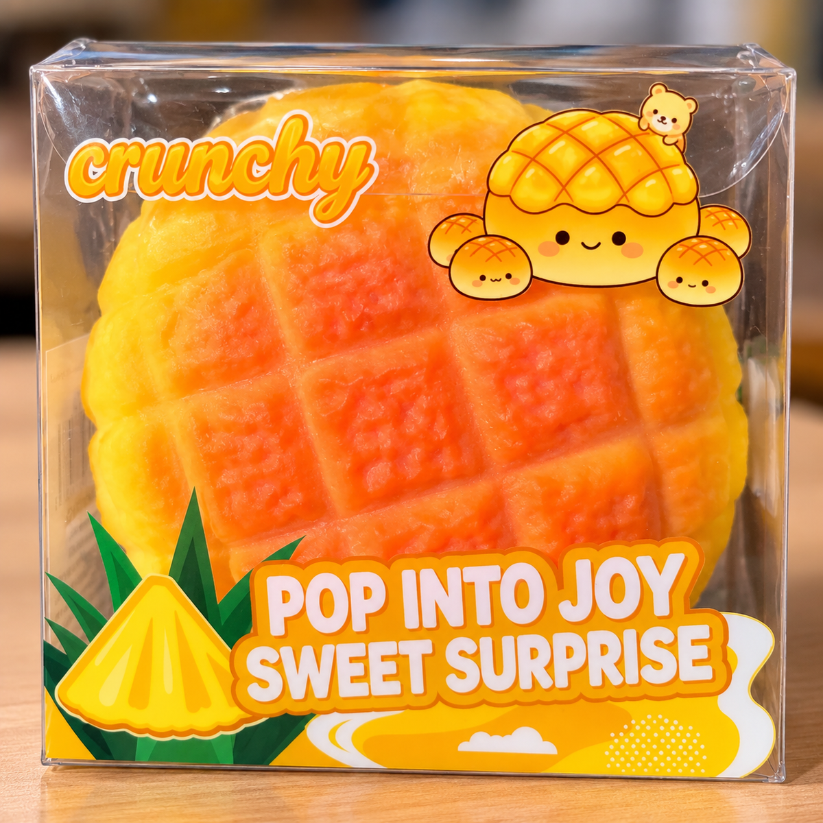 AI-stylized photo of packaged crunchy pineapple bun squishy based on actual product
