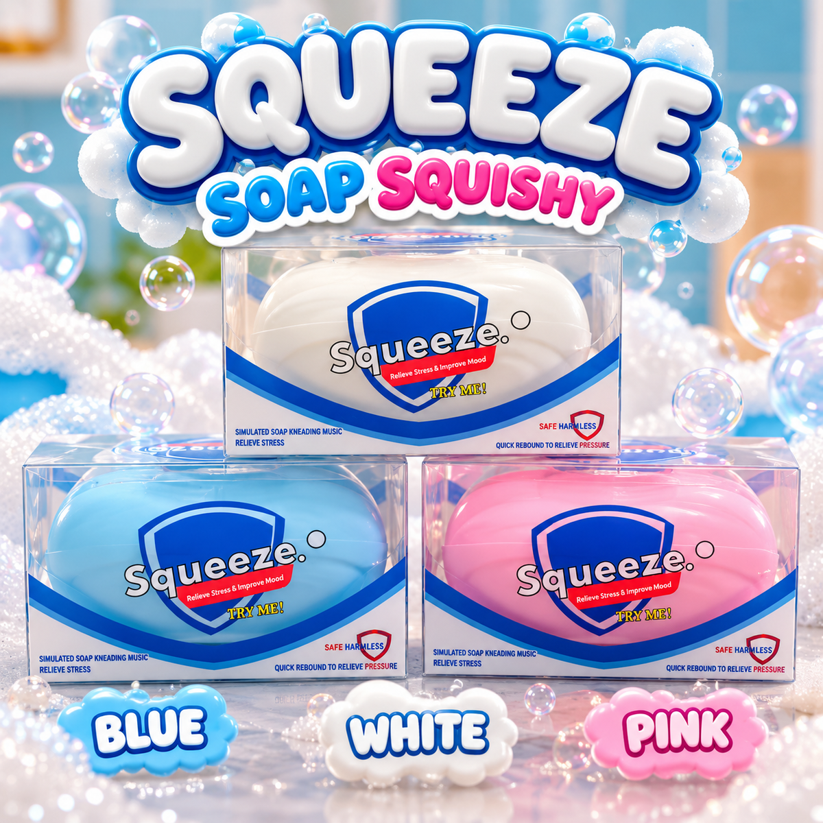 AI-stylized Squeeze Soap Squishy promotion showing White Blue and Pink options